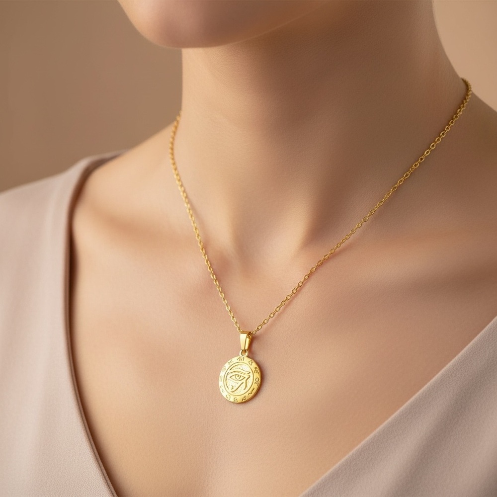18k Gold Plated Eye Disc Pendant Necklace with Eye of Horus. New. - Picture 4 of 9
